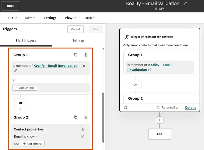 Set your enrollment trigger for the email validation workflow