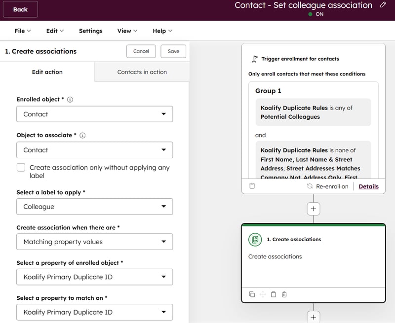 Use the Koalify rule to associate contacts as colleagues