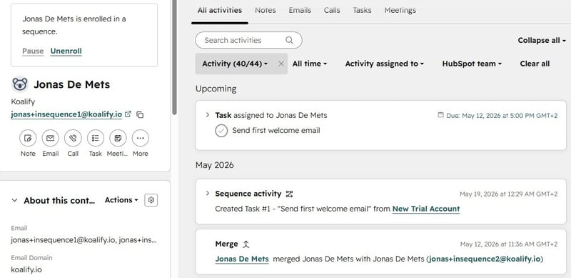 What happens to sequences when merging records in HubSpot