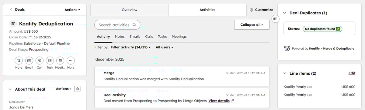 When HubSpot merges deals, line items from both deals are retained.