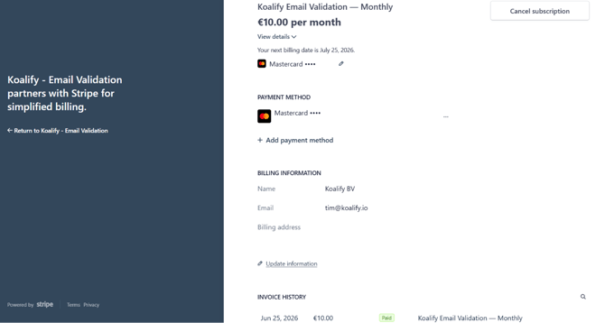 Youll be redirected to a Stripe billing page where you can manage the following