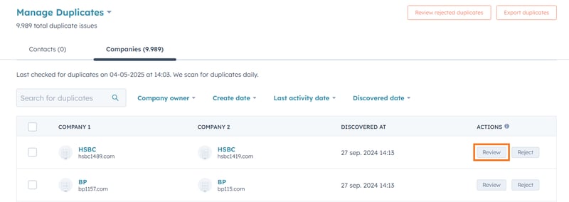 companies in hubspot duplicate management tool