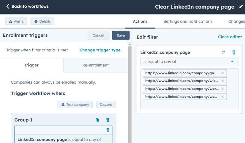 create workflow to clear inaccurate LinkedIn company pages in HubSpot