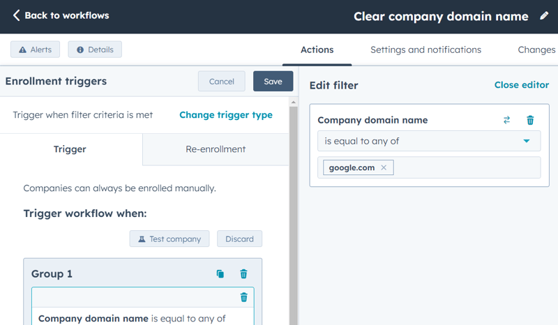 create workflow to clear inaccurate company domain names in HubSpot