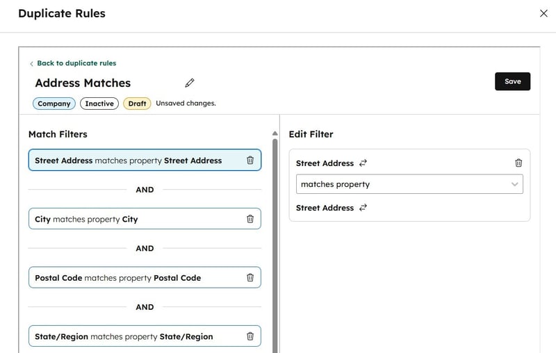 custom deduplication rules and a human review layer based on Address